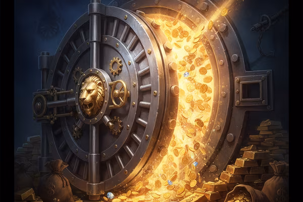 Action Bank cover: steel vault door ajar with golden light spilling out