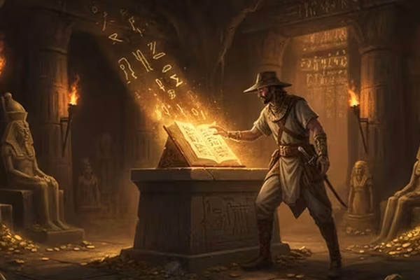 Book of Dead cover: glowing golden tome on a stone altar in a pharaoh's crypt