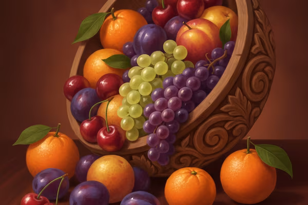 Cute Fruits cover: bright orchard fruits spilling from a carved wooden bowl