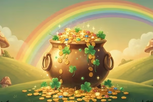 Luck O' The Irish cover: pot of gold with glowing clovers under a rainbow