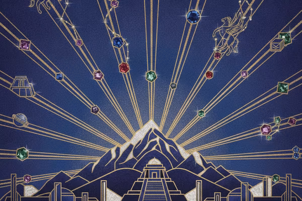 Mount M cover: art-deco mountain under golden constellations