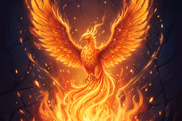 Phoenix Up Cash cover: fiery phoenix rising in flames and golden sparks