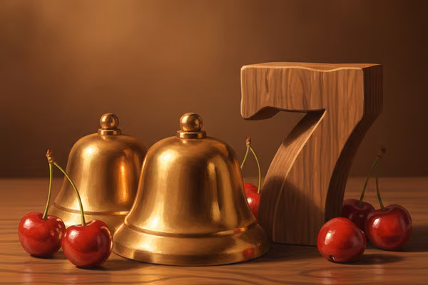 Reel King Big Money cover: brass bells, lucky sevens and cherries on dark walnut