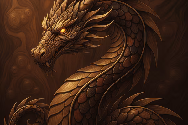 Tales of Asgard cover: mythical dragon in wooden marquetry with brass accents
